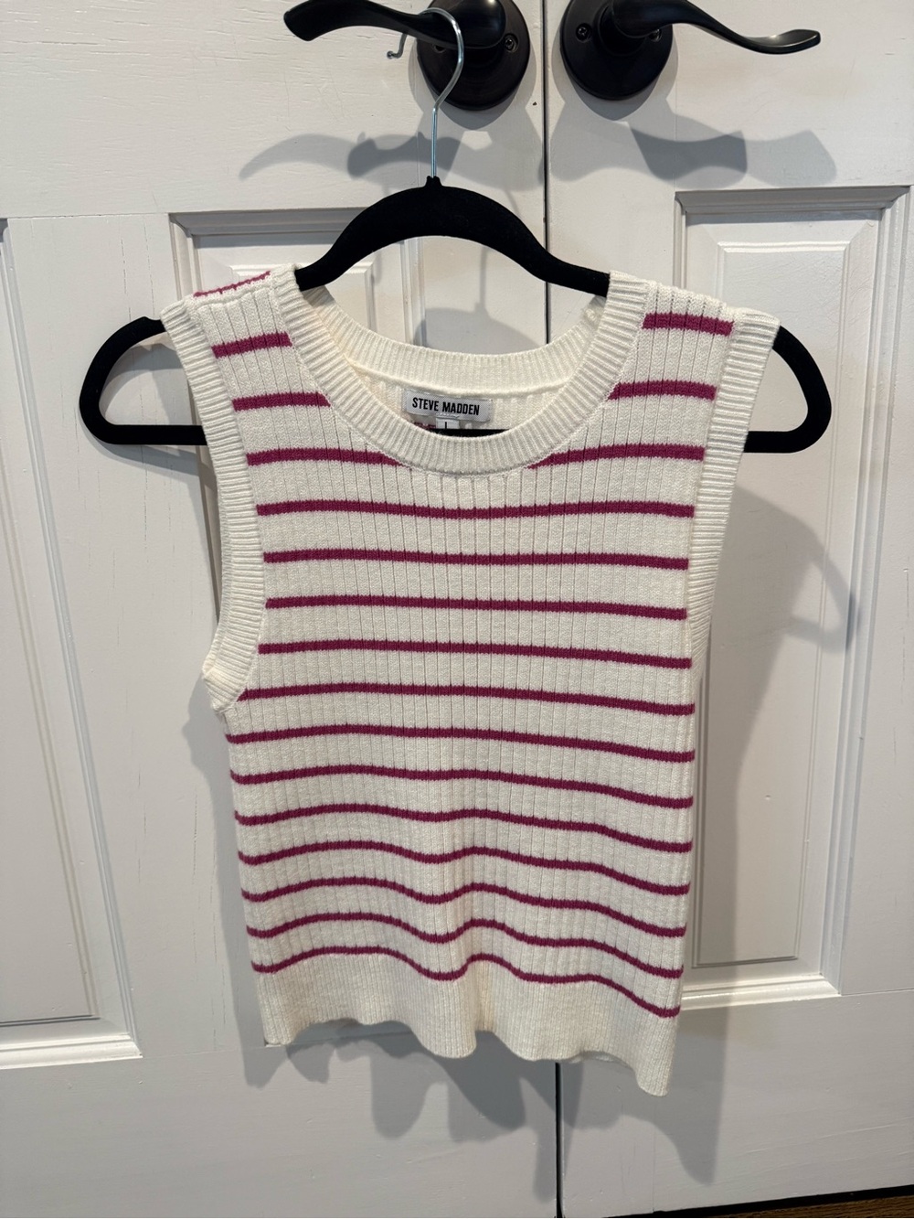 Steve Madden Cream Sleeveless Rib-Knit Sweater with Pink Stripes